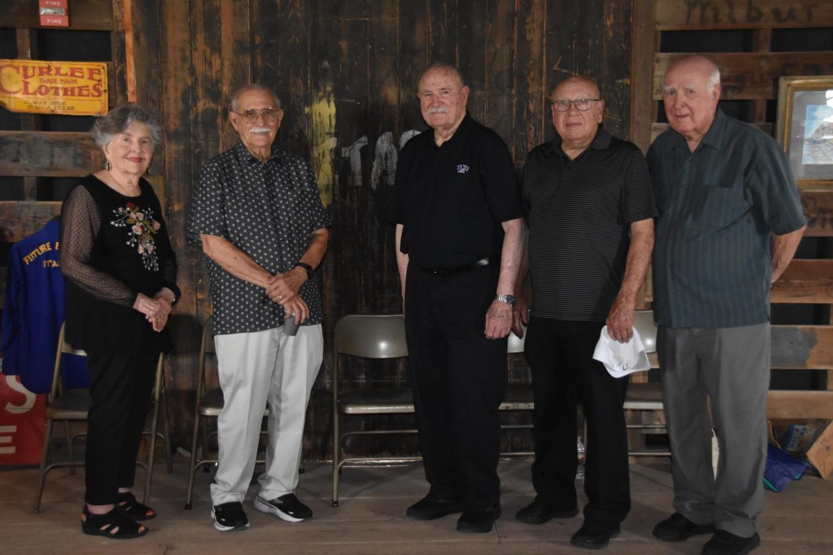  (l. to r.) Jane Sevier Wilkinson, Roy Yeaman, Robert Taylor, Kenneth Swofford and Edwin Kocurek. Not shown but attending were Bob Pollard and Randall Hill.